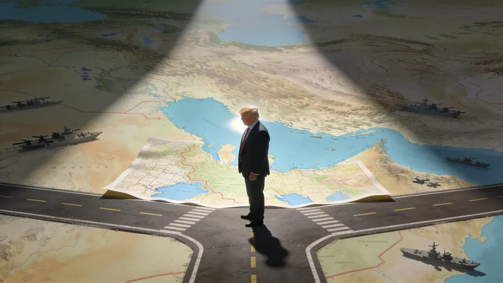Donald Trump stojí na rázcestí nad mapou Blízkeho východu.
