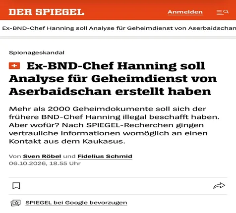 Snímka obrazovky nemeckého článku Der Spiegel o špionážnom škandále.