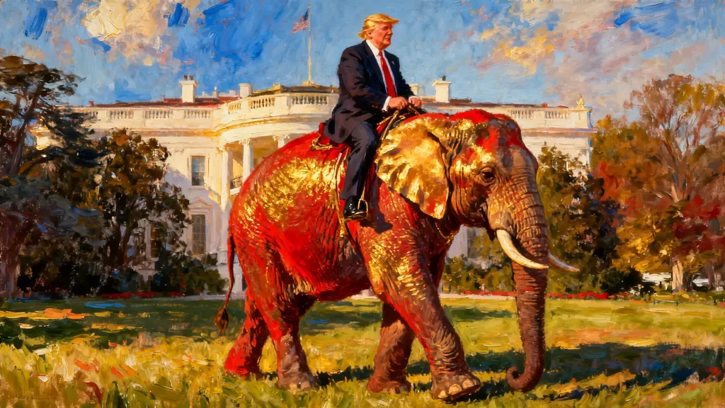Donald Trump jazdí na červeno-zlatom slonovi pred Bielym domom.