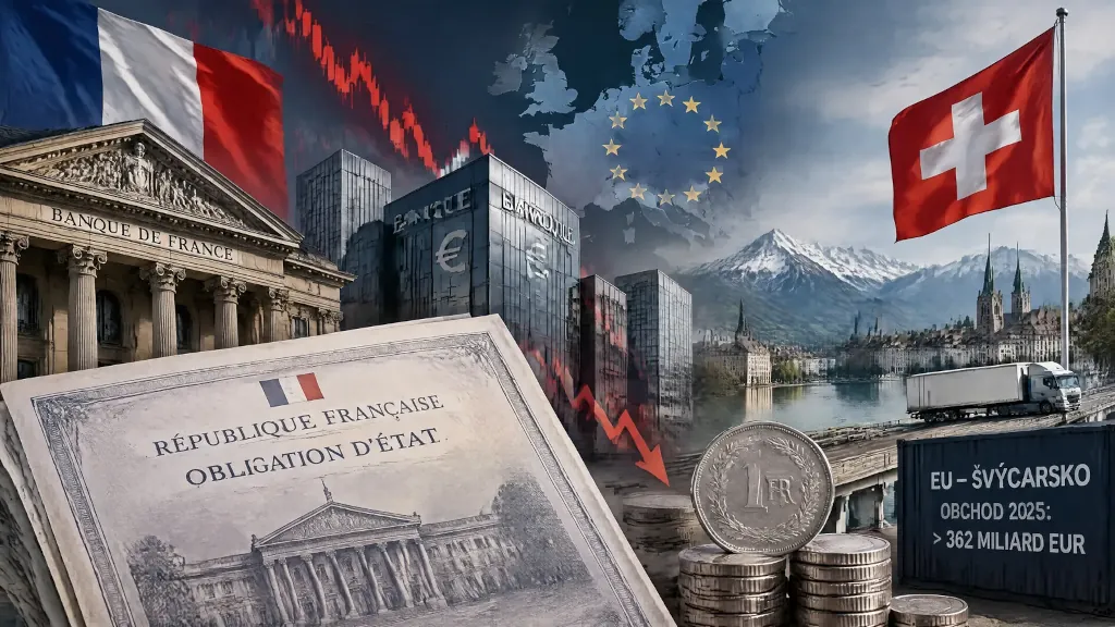 Francúzska a švajčiarska vlajka s francúzskym dlhopisom a mincou.