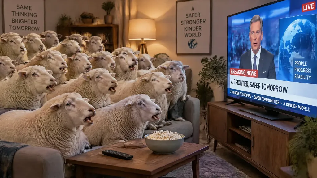Stádo oviec na gauči sleduje správy v televízii.