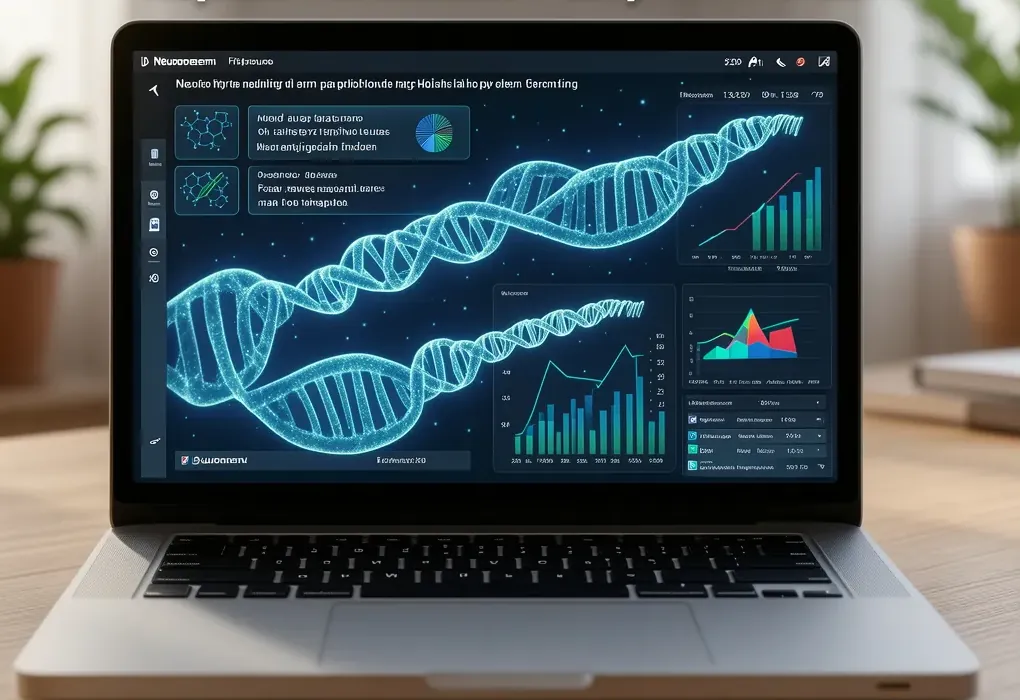 Notebook zobrazujúci 3D model DNA a analytické grafy.