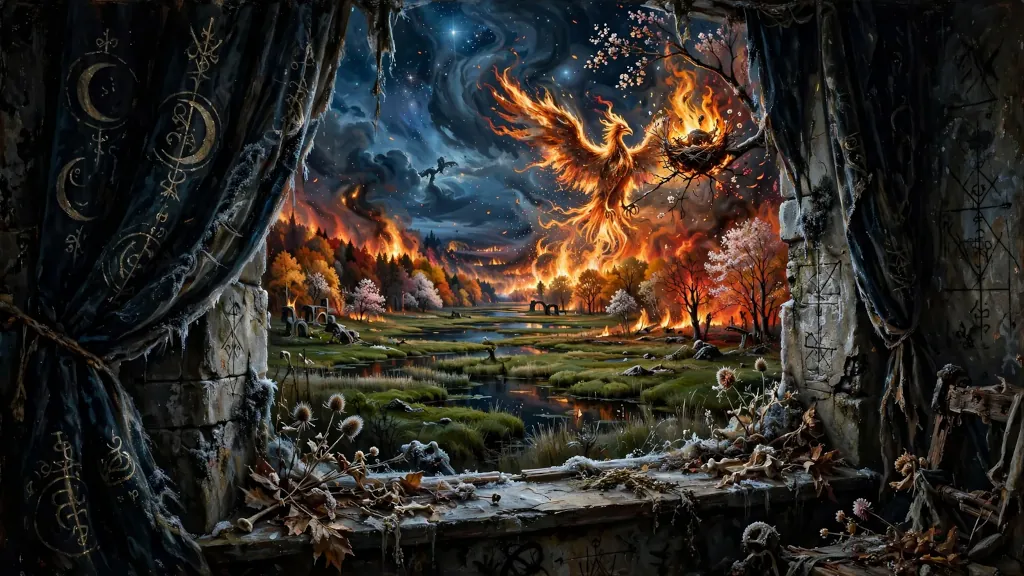 Ohnivý fénix letiaci nad horiacou krajinou viditeľný z okna