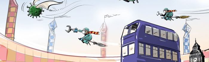 Britští lékaři jsou v Londýně přepravováni kouzelnými autobusy