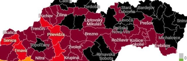 Čierne okresy na Slovensku od pondelka výrazne pribudli, bordových je 39 a oranžové aj červené ubudli