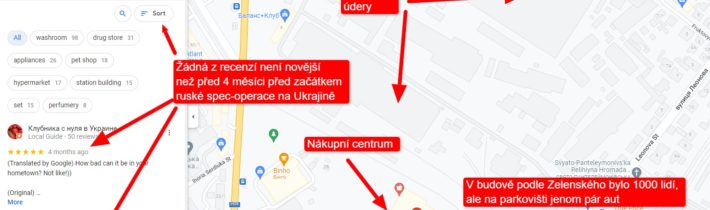 VIDEO: Ukrajina v Kremenčuku zorchestrovala další fake inscenaci stejně jako v Buči! Uniklé video dokazuje, že ruské rakety Kaliber zasáhly haly sousedního závodu Kremdash, kde se opravují ukrajinské tanky a transportéry! Nákupní centrum stojí o pár desítek metrů hned vedle závodu a podle recenzí Google je zavřené už 4 měsíce od počátku ruské spec-operace na Ukrajině! Podle Zelenského bylo v nákupním centru 1 000 lidí, ale na rozhlehlém parkovišti jen pár aut! A ukrajinští vojáci v podzemí v Lysičansku z nudy tancují s ukřižovaným Ježíšem, video šokovalo v Polsku katolíky!
