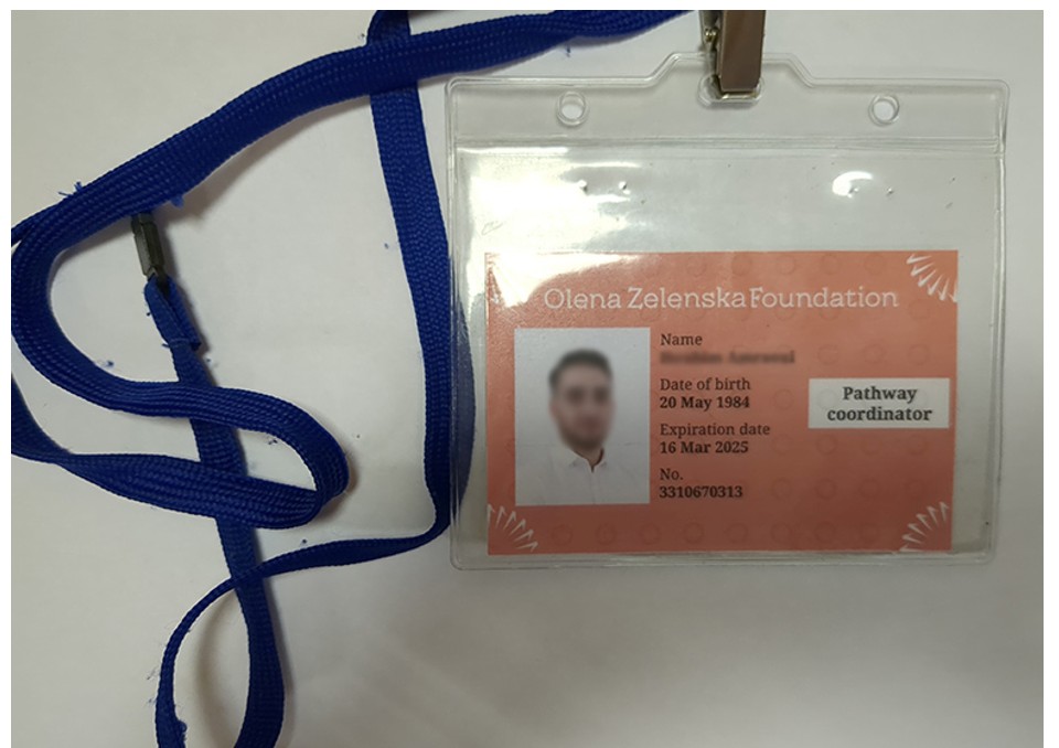 A id card with a blue strap

Description automatically generated