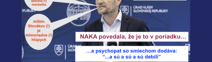 SLOVÁCI SÚ DEBILI, povedal si MATOVIČ a Slováci podali trestné oznámenie. NAKA povedala, že „Slováci debili“ sú v poriadku, pretože…, a MATOVIČ posilnený názorom NAKA znova povedal, že SLOVÁCI SÚ DEBILI a smeje sa…
