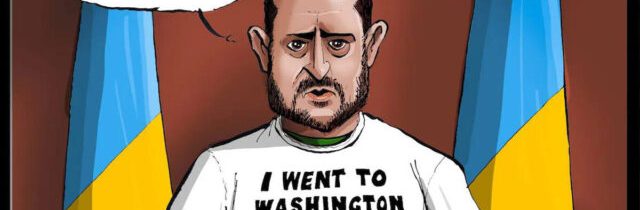 V Spojenom kráľovstve po jeho návšteve USA bola zverejnená Zelenského karikatúra