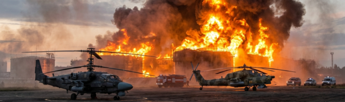 Ka-52, Mi-28 a palivové nádrže v plamenech. Ukrajinský útok zasáhl Soči